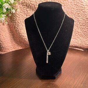 Silver tone bar pendant message necklace w/ rhinestone butterfly charm